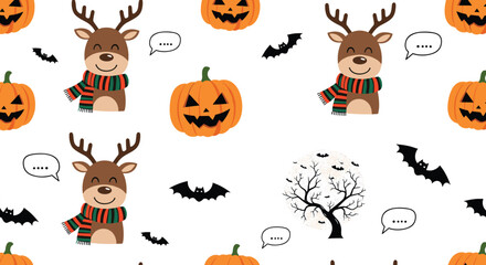 Obraz premium Unusual seamless pattern mixing holiday themes with cute reindeer, orange pumpkins, bats, and spooky trees.