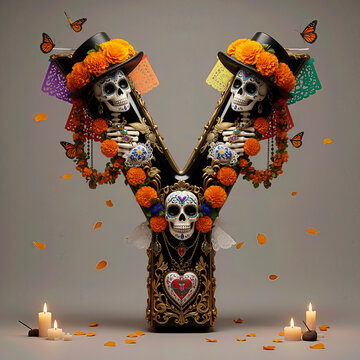  letra Y, flores, cempasuchil, dia de muertos, altar de muertos, calaveritas, mexico, agua, catrinas, mariposa, marco, flor, arcen, vector, floral, decoraciones, hojas, designio, navida, corona, ilust