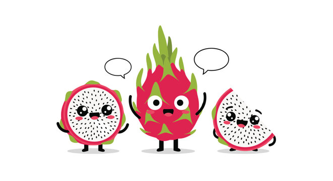 Group of three cute cartoon dragon fruit characters with different slices and empty white speech bubbles.