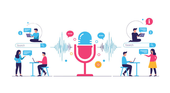 Conceptual illustration for podcasting and remote communication shows people using laptops around a large central microphone with waves.