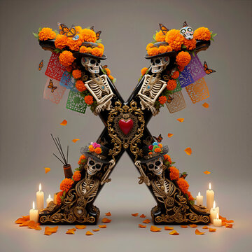  letra X, flores, cempasuchil, dia de muertos, altar de muertos, calaveritas, mexico, agua, catrinas, mariposa, marco, flor, arcen, vector, floral, decoraciones, hojas, designio, navida, corona, ilust