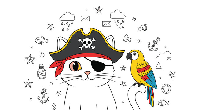 Cute pirate cat wearing a captain hat and eyepatch with a colorful parrot companion and sea themed background doodles.