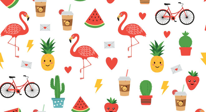 Fun summer pattern with pink flamingos and tropical fruits like pineapple and watermelon on a white background.