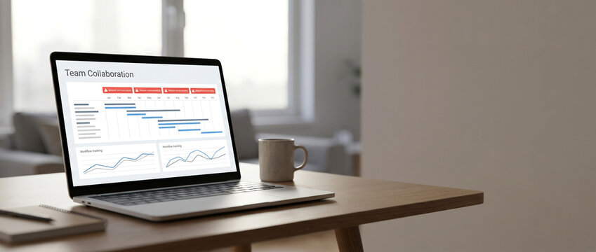 Laptop displays remote collaboration dashboard with workflow tracking, project timelines, delayed communication updates and team productivity insights for modern digital workplace with copy space.