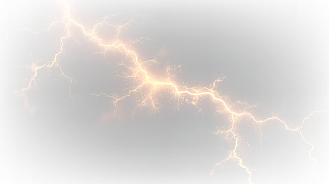 Electric lightning bolt on a transparent background showing bright orange color with branches extending in different directions