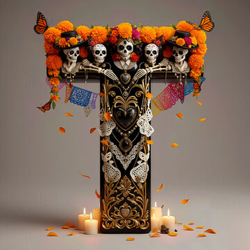  letra T, flores, cempasuchil, dia de muertos, altar de muertos, calaveritas, mexico, agua, catrinas, mariposa, marco, flor, arcen, vector, floral, decoraciones, hojas, designio, navida, corona, ilust