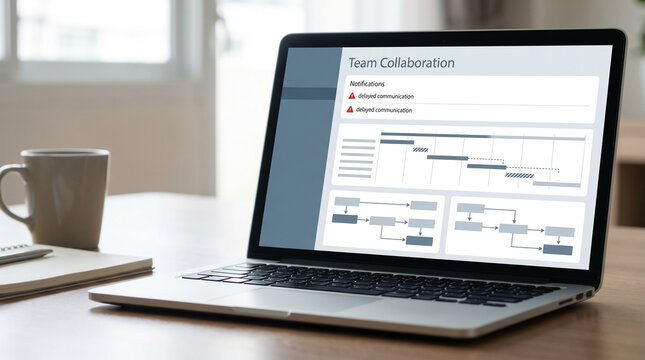 Laptop displays remote collaboration dashboard with workflow tracking, project timelines, delayed communication updates and team productivity insights for modern digital workplace with copy space.