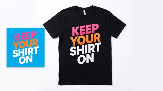 T-shirt design, Keep Your Shirt On phrase, colorful typography, fashion apparel, advertising slogan