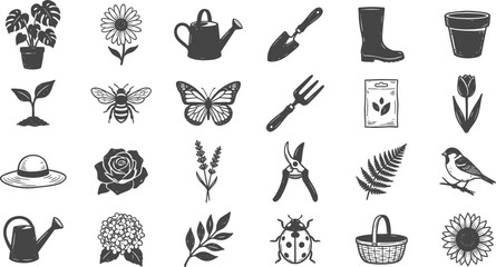 Gardening and Horticulture Solid Icon Set Featuring Planting Tools, Flowers, Insects, Watering Cans, Botanical Leaves, and Backyard Cultivation Symbols for Floral Graphic Designs © Borsha