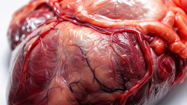 Closeup detailed view of a fresh raw anatomical heart with visible arteries and veins for medical science education