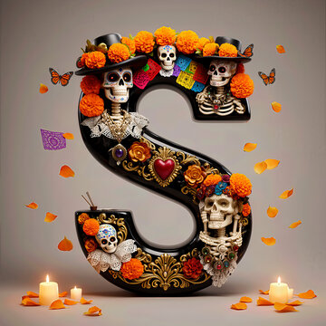  letra S, flores, cempasuchil, dia de muertos, altar de muertos, calaveritas, mexico, agua, catrinas, mariposa, marco, flor, arcen, vector, floral, decoraciones, hojas, designio, navida, corona, ilust