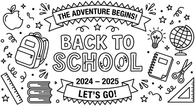 Back to school banner with adventure begins and let's go.