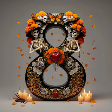  numero 8, flores, cempasuchil, dia de muertos, altar de muertos, calaveritas, mexico, agua, catrinas, mariposa, marco, flor, arcen, vector, floral, decoraciones, hojas, designio, navida, corona, ilus