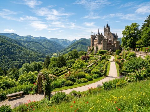 Majestic medieval Reichsburg Cochem castle overlooks lush green gardens and winding footpaths in the scenic Moselle Valley, Germany, under a bright blue summer sky with rolling mountains behind.