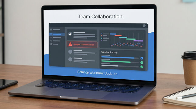 Laptop displays remote collaboration dashboard with workflow tracking, project timelines, delayed communication updates and team productivity insights for modern digital workplace with copy space.