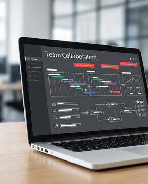 Laptop displays remote collaboration dashboard with workflow tracking, project timelines, delayed communication updates and team productivity insights for modern digital workplace with copy space.