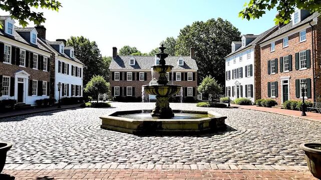 Forest trail transitions to cobblestone path leading to colonial estate with stone fountain.