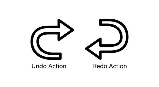 Black and white vector icons representing undo and redo actions for software interface design with interface navigation application computer software previous monochrome isolated