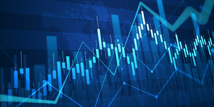 uptrend line financial graph with world map and bar chart of stock market on blue color background