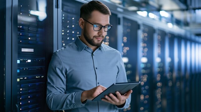 IT Engineer or Data Center Administrator in Glasses Using Digital Tablet for Server Maintenance and Cyber Security Audit in Tech Server Room. Excellent for Cloud Computing Advertisements