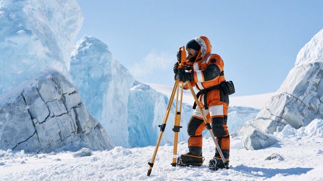 Male Scientist or Surveyor in Orange Arctic Jumpsuit Operating Total Station Theodolite on a Glacier, Concept of Climate Change, Polar Expedition and Geological Research.