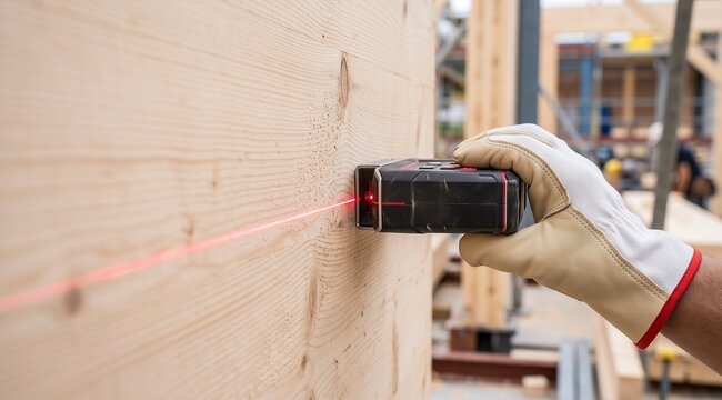 Construction Worker Using Laser Level for Timber Wall Alignment, Excellent for Framing Installation, Precision Construction and Building Layout