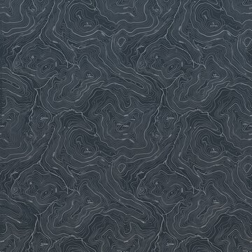A minimalist seamless topographic map pattern featuring intricate white elevation contour lines and geographic height text markings on a dark charcoal gray background