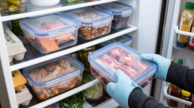 Hands in blue gloves placing raw meat container into organized refrigerator shelf featuring salmon chicken and meal prep storage containers in bright clean kitchen for healthy lifestyle.