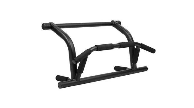 Black doorway pull-up bar for home gym training, multi-grip chin-up bar equipment, portable steel strength training tool for upper body workouts isolated PNG with Transparent Background