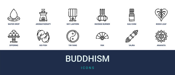 Fototapeta premium Set of 12 outline web Buddhism icons such as anahata, vajra, fan, yin yang, koi fish, offering, bodhi leaf vector icons for report, presentation, diagram, web design, mobile app