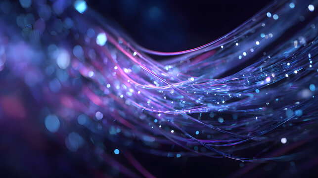Abstract Fiber Optic Cable Strands Glowing with Purple and Blue Neon Light