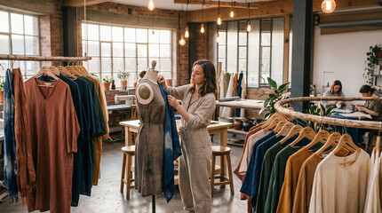 Naklejka premium Designer at Work: A skilled fashion designer meticulously adjusts a garment on a mannequin in a bright, airy studio filled with racks of stylish clothing and sewing stations.