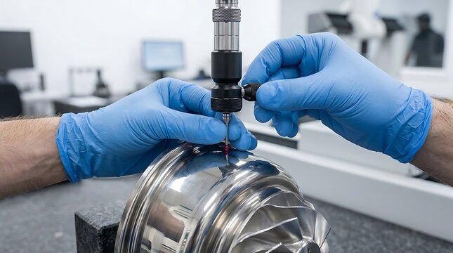 Precision measurement of a metal component using a coordinate measuring machine in a lab setting