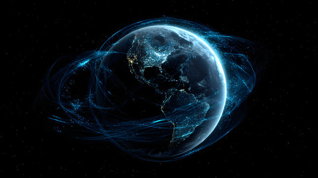 Global Communication Data Network Rings Encircling Planet Earth from Outer Space