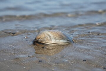 A closed clam half-buried in wet sand with water reflections and muted colors. © guangyu