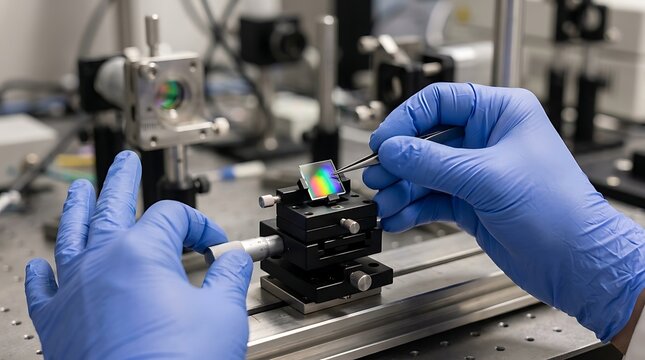Scientist using tweezers to position a reflective prism on a precision optical mount in a laboratory