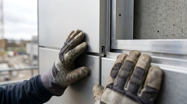 Construction worker installing metal cladding panels on a building facade exterior construction site