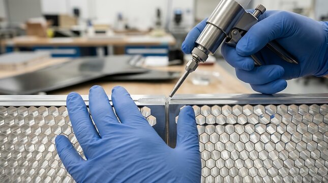 Industrial adhesive application on honeycomb metal core for aerospace engineering component assembly