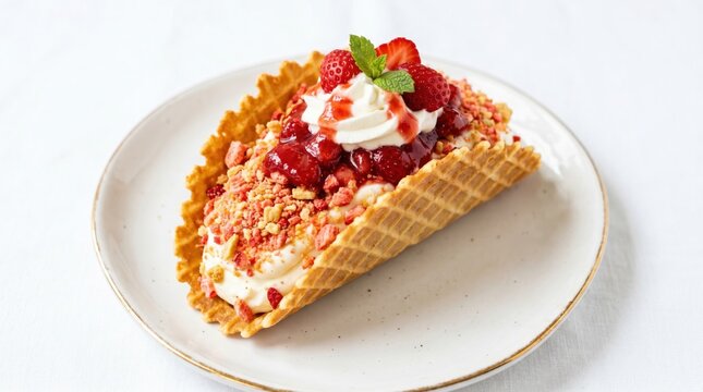 Delicious dessert taco featuring golden waffle shell filled with creamy vanilla mousse topped with fresh strawberries raspberries whipped cream and mint leaf on a white plate background.