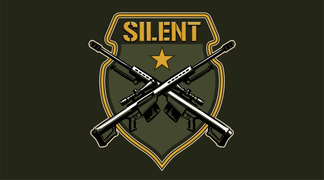 Silent sniper. Military tactical emblem for t shirt print, poster, sticker. Special forces marksman graphic. Army shield design.