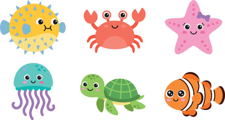 Cute sea creature animal mascot character set vector illustration with pufferfish crab starfish jellyfish sea turtle clownfish. © Lunavera art