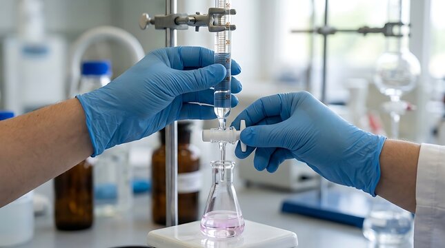 Scientist performing chemical titration using a burette and erlenmeyer flask in laboratory setting