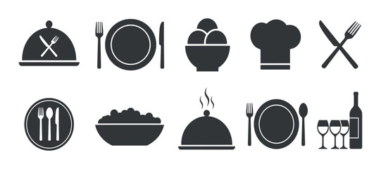 Culinary Icons Set Featuring Dome Covered Dish Plate Bowl Chef s Hat And Cutlery Silhouettes © MOHAMMAD