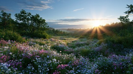Naklejka premium Sunrise over a field of wildflowers with sun rays beaming through misty trees in a serene landscape