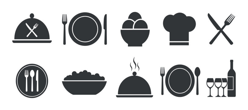 Culinary Icons Set Featuring Dome Covered Dish Plate Bowl Chef s Hat And Cutlery Silhouettes