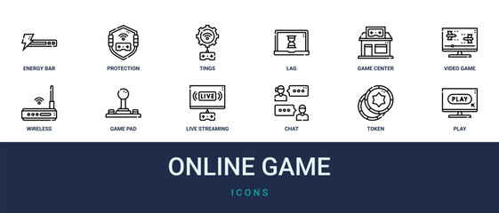 Set of 12 outline web Online Game icons such as play, token, chat, live streaming, game pad, wireless, video game vector icons for report, presentation, diagram, web design, mobile app © Noah