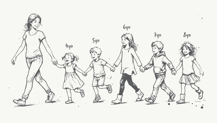 Fototapeta premium Generational growth a mother's journey with her children through childhood years sketch illustration