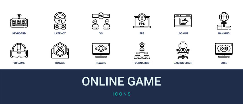 Set of 12 outline web Online Game icons such as lose, gaming chair, tournament, reward, royale, vr game, ranking vector icons for report, presentation, diagram, web design, mobile app