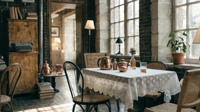Retrofitted branch visible in medium shot with emphasis on daylightenhanced space repurposed vintage furnishings and illuminated energy meters soft focus on doorway.