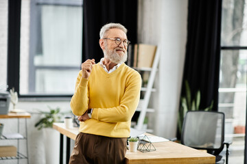 Fototapeta premium Bearded man in glasses stands thoughtfully in a stylish office, dressed casually.
